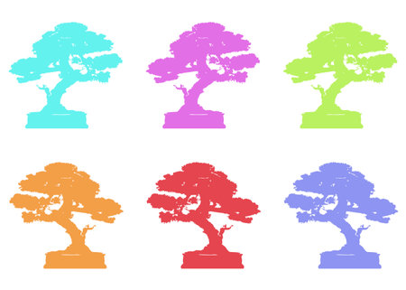 set Japanese bonsai tree, plant silhouette icons on white background, green ecology, colorful silhouette of bonsai. Detailed image. Bio nature concept. Japanese color style, Vector isolatedのイラスト素材