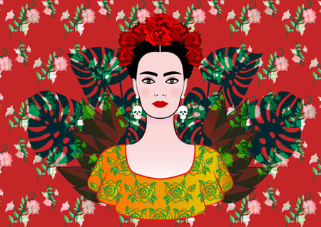 Portrait of a beautiful young woman with a traditional hairstyle. Mexican skulls earrings, crown of flowers and red flowers. Traditional Mexican dress, death's day. Vector floral backgroundのイラスト素材