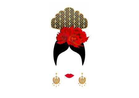 Vector Portrait of traditional Latin or Spanish woman, Lady with traditional gold accessories, golden earrings and red flower, Flamenco Icon isolatedのイラスト素材