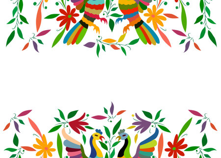 Mexican Traditional Textile Embroidery Style from Tenango City, Hidalgo, M?xico. Copy Space Floral Composition with Birds, Peacock, colorful seamless frame isolated composition or white backgroundのイラスト素材