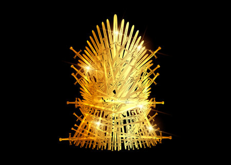 Hand drawn golden iron throne of Westeros made of antique swords or metal blades. Ceremonial chair...