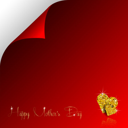 Happy Mother Day of gold glitter hearts and vector golden calligraphy text of luxury premium greeting cards in paper page style on red square backgroundのイラスト素材