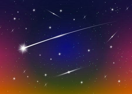 Shooting star background against dark blue starry night sky, vector illustration. Space background. Colorful galaxy with nebula and stars. Abstract futuristic backdrop. Stardust and shining starsのイラスト素材