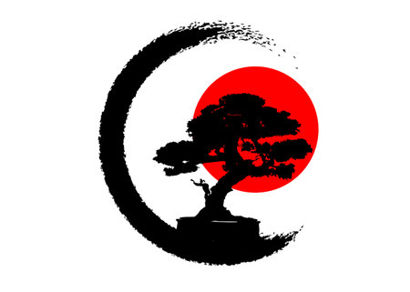 Japanese bonsai tree logo, black plant silhouette icons on white background, green ecology silhouette of bonsai and red sunset. Detailed image. Bio nature concept. Japanese flag icon. Vector isolatedのイラスト素材