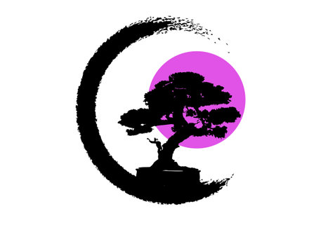 Japanese bonsai tree logo, black plant silhouette icons on white background, green ecology silhouette of bonsai tree and pink moon or sun. Detailed image. Bio nature concept. Japanese icon. Vector isolatedのイラスト素材
