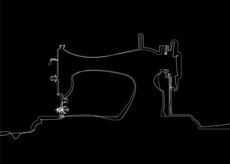 Tailor vector logo. Single white line drawing sewing machine logo template. Fashion logo. Continuous line freehand drawing sewing machine silhouette icon illustration isolated on black backgroundのイラスト素材