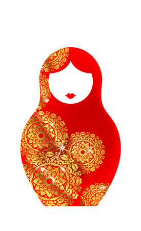 Russian nesting doll matrioshka, icon Luxury red Russian doll with golden mandala ornament. Vector illustration, isolated. Template for greeting card, invitation, bookmark and label concept backgroundのイラスト素材