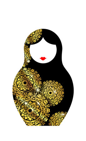 Russian nesting doll matrioshka, icon Luxury red Russian doll with golden mandala ornament. Vector illustration, isolated. Template for greeting card, invitation, bookmark and label concept backgroundのイラスト素材