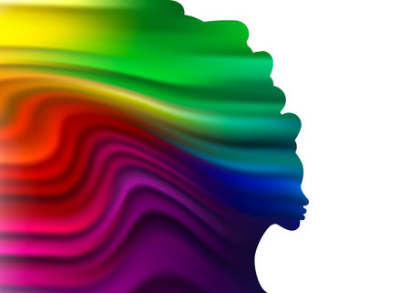 beautiful colorful silhouette of a woman in wave Liquid shape. Beauty center concept, hairstyle salon, Spa. Portrait of beautiful young girl with rainbow color, isolated on whiteのイラスト素材