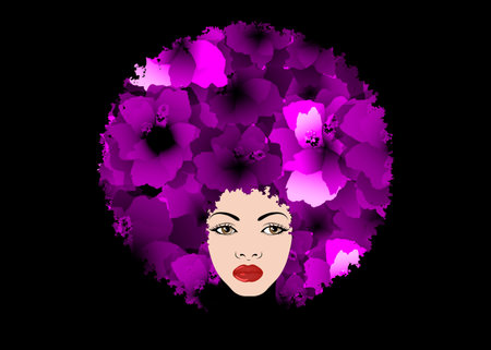 Purple decorative composition with silhouette portrait girl. Beauty center concept, hairstyle salon, Spa. Purple floral headdress in curly coiffed. Portrait of young beautiful woman with flowersのイラスト素材