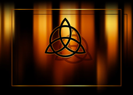 Triquetra, Trinity Knot, Wiccan symbol for protection. Blurred fire magic background with shadows. Vector mystic ancient occult symbol for divination and esotericismのイラスト素材