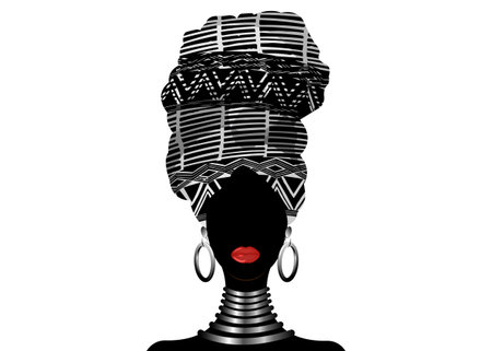African scarf, portrait Afro women in a striped turban. Tribal Wrap fashion, Ankara, Kente, kitenge, African woman dresses. Nigerian style, Ghanaian headwrap. Vector for Print, poster, t-shirtのイラスト素材