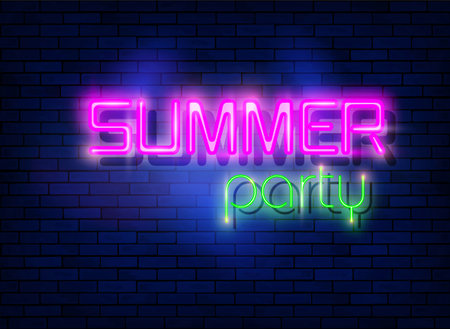 Neon night party, tropical party design and neon letters. Fashion colorful led light sign isolated on dark blue brick wall backgroundのイラスト素材
