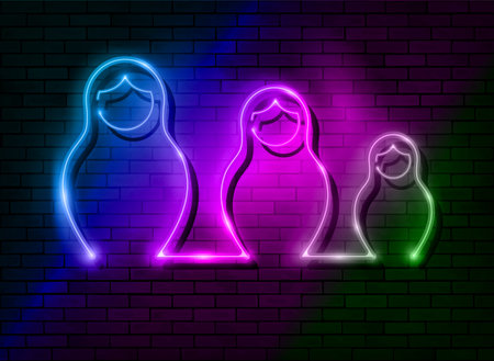 Neon sign Russian nesting dolls Matryoshka, lighted set sign icon symbol of Russia. Colorful led light set Matryoshka fashion style, vector isolated on dark colorful brick wall backgroundのイラスト素材