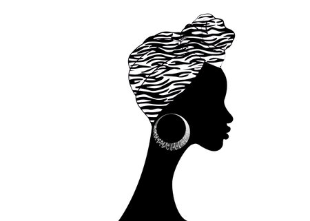 portrait beautiful Afro woman. Shenbolen Ankara Headwrap Women African Traditional Headtie Scarf Turban. Colorful Kente head wraps African fabric design, zebra texture.のイラスト素材