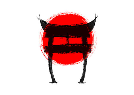 japanese gate, torii, imitation of red japanese flag, rising sun as background. Shninto symbol. Handdrawn by ink. Isolated on white background. Symbol of Japan. Design for travel poster, bannerのイラスト素材