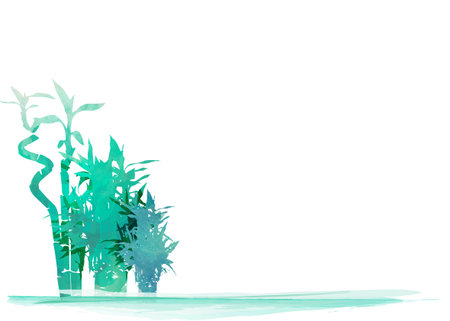 Vector isolated watercolor hand drawn illustration of green organic bamboo plant. green round label background with copy spaceのイラスト素材
