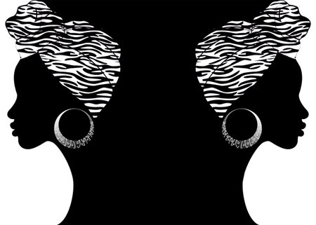 portrait beautiful Afro woman. Shenbolen Ankara Headwrap Women African Traditional Headtie Scarf Turban. Kente head wraps African tribal batik fabric zebra design. Vector women template backgroundのイラスト素材