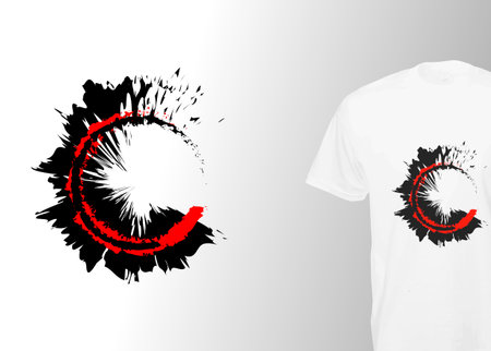 round grunge print. Stylish t-shirt and modern design apparel with fashion black and red splash circle, vector isolated. Global swatches, Design Templates, Ideas, and Inspiration for printingのイラスト素材
