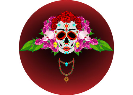 Mexican skull Calavera with flowers. Decoration for Day of the Dead, Dia de los Muertos. Halloween poster background, greeting card or t-shirt design. Vector skulls diadem isolated on white backgroundのイラスト素材