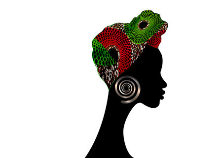 portrait beautiful woman. Shenbolen Ankara Headwrap Women African Traditional Headtie Scarf Turban. Colorful Kente head wraps African fabric design.のイラスト素材