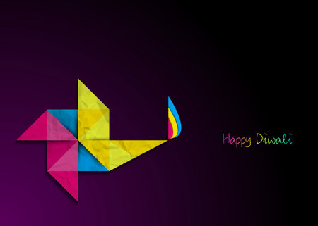 Happy Diwali Celebration in Origami style Graphic design of Indian Diya Oil Lamp in pinwheel shape, crumpled paper Design. Colorful Festival of Lights. Vector isolated on dark purple backgroundのイラスト素材