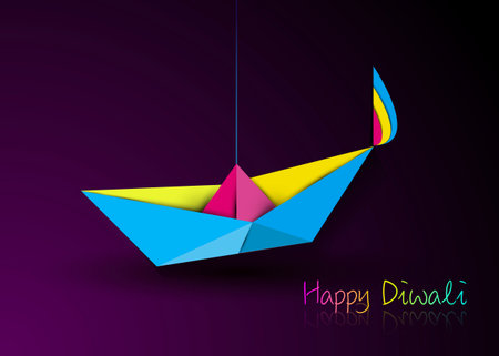 Happy Diwali Celebration in Origami style Graphic design of Indian Diya Oil Lamp in boat bath toy shape, folded paper Flat Design. Colorful Festival of Lights. Vector isolated on purple backgroundのイラスト素材