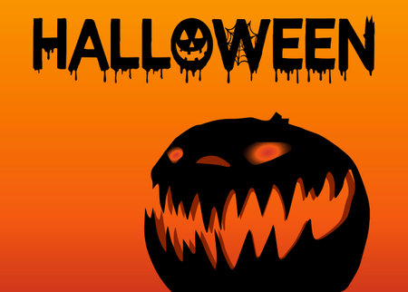 Happy Halloween Text Banner and Pumpkin Vector poster design elements  badges, labels, icons and objects. Halloween invitation orange backgroundのイラスト素材