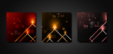 Happy Diwali luxury greeting cards set square shaped. Festival of lights holiday invitations templates collection with hand drawn lettering and gold diya lamps. Vector isolated black backgroundのイラスト素材
