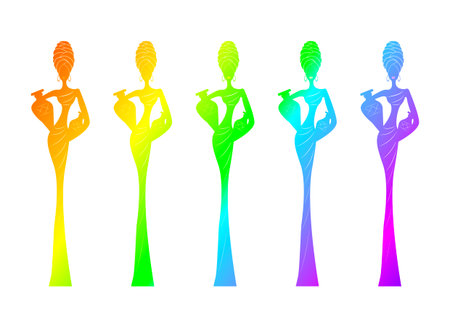 Silhouette of Afro women. Colorful African woman with a Turban and amphorae. Traditional Kente head wrap African, Africa icon head scarf. Vector loop label illustration isolated on white backgroundのイラスト素材