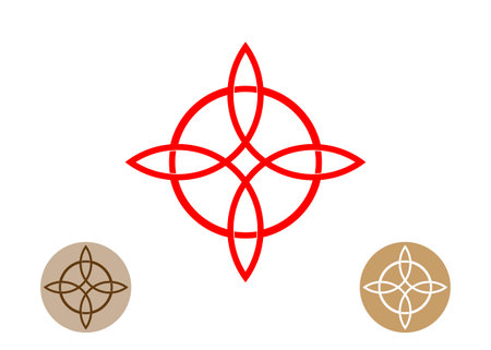 Celtic like style linear star with circle symbol. Linear knot logo, Red Trinity Knot, Wiccan symbol for protection. Vector Celtic trinity knot isolated on white. Wiccan Ancient occult divination iconのイラスト素材