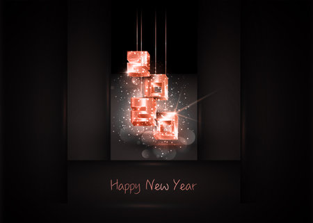2020 Happy New Year banner with hanging pink gold 3d numbers 2020 on luxury black geometric background. Fashion party, vector illustration with Golden particles, sparkle stardust. Place for textのイラスト素材