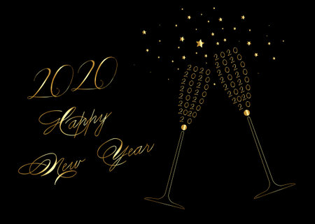 Happy New Year 2020 gold Wine Glass Toasting Design, vector isolated on black background. Golden Drink luxury celebration of new year. Vector party alcohol decorationのイラスト素材