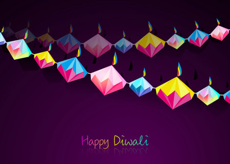 Happy Diwali Celebration Indian bunting in Origami style Graphic design of Indian Diya Oil Lamps in diamond shape, folded paper Flat Design. Colorful Festival of Lights. Vector isolated on purpleのイラスト素材