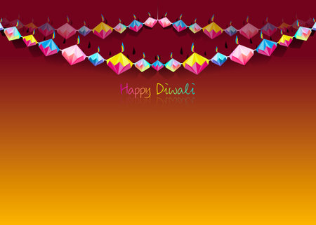 Happy Diwali Celebration Indian bunting in Origami style Graphic design of Indian Diya Oil Lamps in diamond shape, folded paper Flat Design. Colorful Festival of Lights. Vector isolated on orangeのイラスト素材