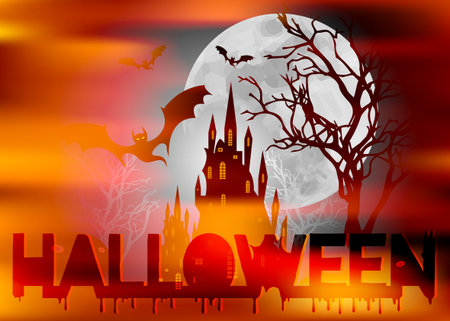 Mystic vector illustration, dark orange background on a spooky full moon background with silhouettes of scary bats with gothic haunted castle. Graphic design for Halloween partyのイラスト素材