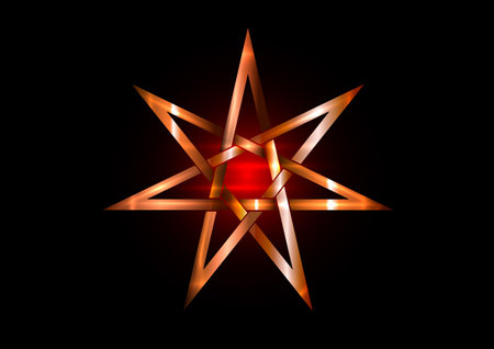 Seven point star or septagram, known as heptagram. Bronze metal Elven or Fairy Star, magical or wiccan witchcraft heptagram symbol. Heptagon mystic sign. Witches runes, wicca divination symbolsのイラスト素材