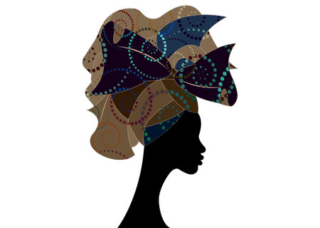 African head hairstyle, colorful head scarf, beautiful portrait Afro woman in traditional Head tie Scarf Turban. African clothing Kente, Shenbolen Ankara head wraps fabric designのイラスト素材