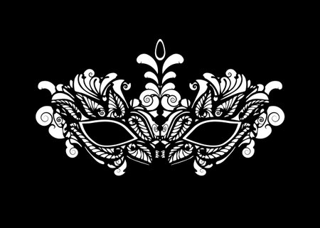 Carnival mask icon isolated on black background. laser cut mask with Venetian embroidery floral decoration. Vector illustration designのイラスト素材