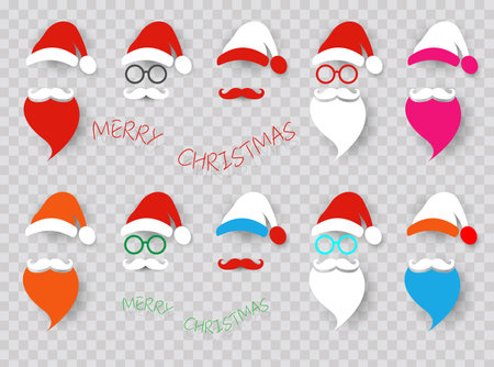 Santa Claus colorful fashion hipster style set icons. Santa hats, mustache and beards, glasses. Christmas elements for your festive design. Vector illustration isolated transparent backgroundのイラスト素材