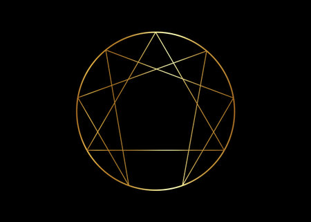 Gold Enneagram icon, sacred geometry, vector illustration isolated on black backgroundのイラスト素材