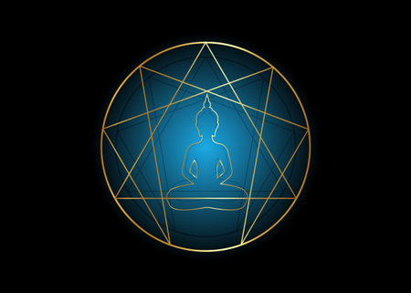 Enneagram yoga flat icon design for infographics and business. Gold Enneagram icon, sacred geometry, with a meditating buddha silhouette in the middle, vector illustration isolated on black backgroundのイラスト素材