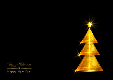 Christmas of background, greeting cards, web posters, holiday covers. Design with New Year's eve, Gold Christmas tree. Xmas black template party banner. Festive composition with copy spaceのイラスト素材