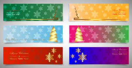 Set of horizontal colorful Christmas banners. Winter theme web banners. New year and Christmas party card elegant gold decoration, vector illustration, isolatedのイラスト素材