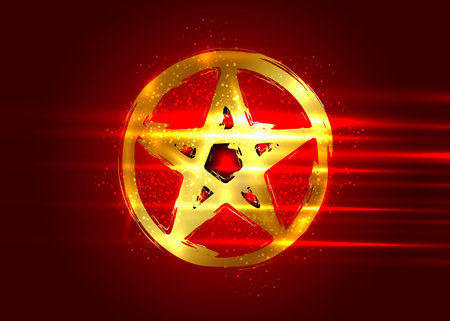 Pentagram occult symbol. Golden wiccan sigil pentacle esoteric brush grunge style. Vector illustration on blood red backgroundのイラスト素材