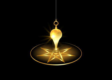 dowsing pendulum for using asking questions. Esoteric gold pendulum magic for divination and astrology wheel, golden seven point star or septagram, vector isolated on black backgroundのイラスト素材