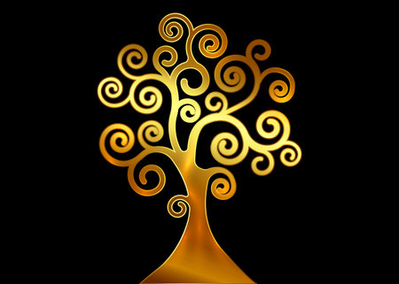 Tree of life, Tree natural logo and gold tree ecology illustration symbol icon vector design isolated on black background. Golden wooden Bio natural ethics conceptのイラスト素材