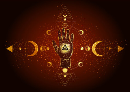 third eye and hand esoteric spiritual icon. Sacred pyramid of knowledge, an all-seeing eye. Mystical geometry, signs of the moon phases. Masonic symbol eye inside triple moonのイラスト素材