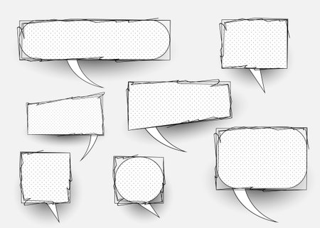 set of comic doodles, hand drawn speech bubbles and black and white texture. Vector cartoon comics isolated on white backgroundのイラスト素材