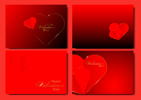 Set of Happy Valentine's Day posters. Vector illustration with copy space for text, red hearts and gold decoration. Brochures design for promo flyers or covers in A4 format size, cards red backgroundのイラスト素材